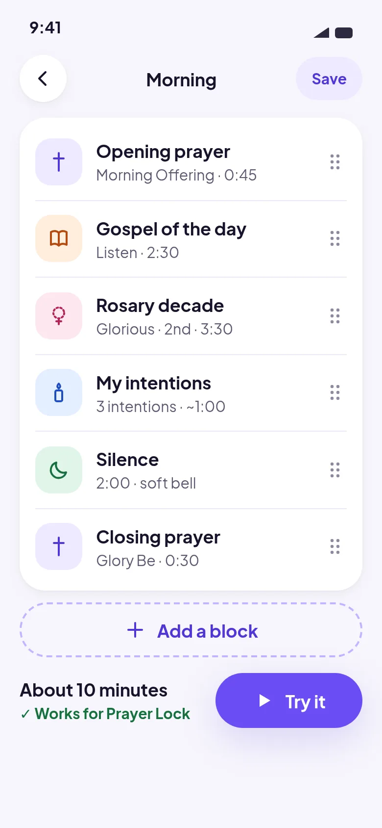 Prayer Builder with six prayer blocks
